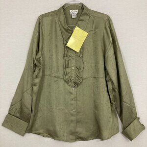 New Linea by Louis Dell'Olio Green Silk QVC Ruffle Artsy Textured Button Down XL